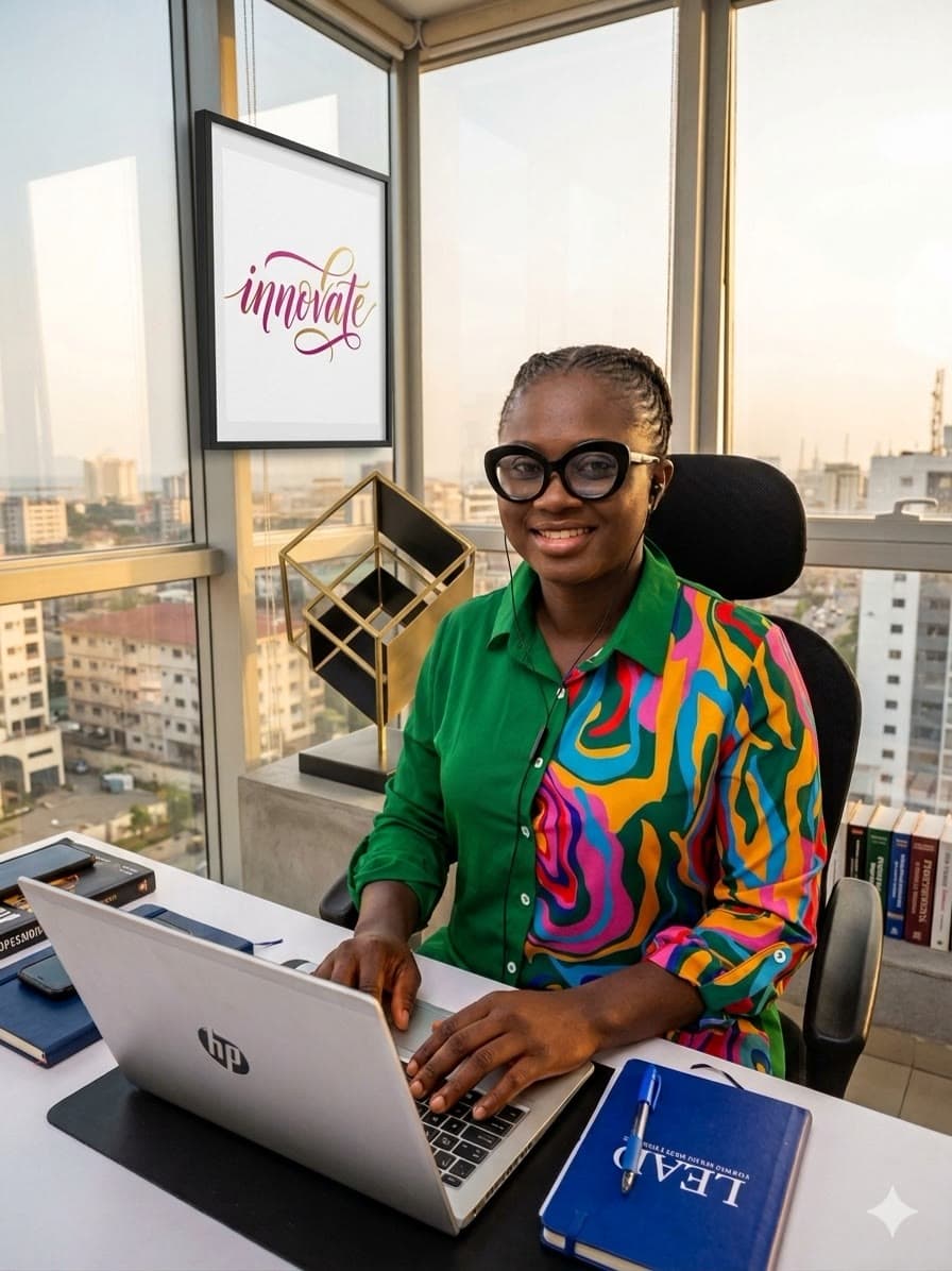 Foluso Omole working at her desk at Oak Academy