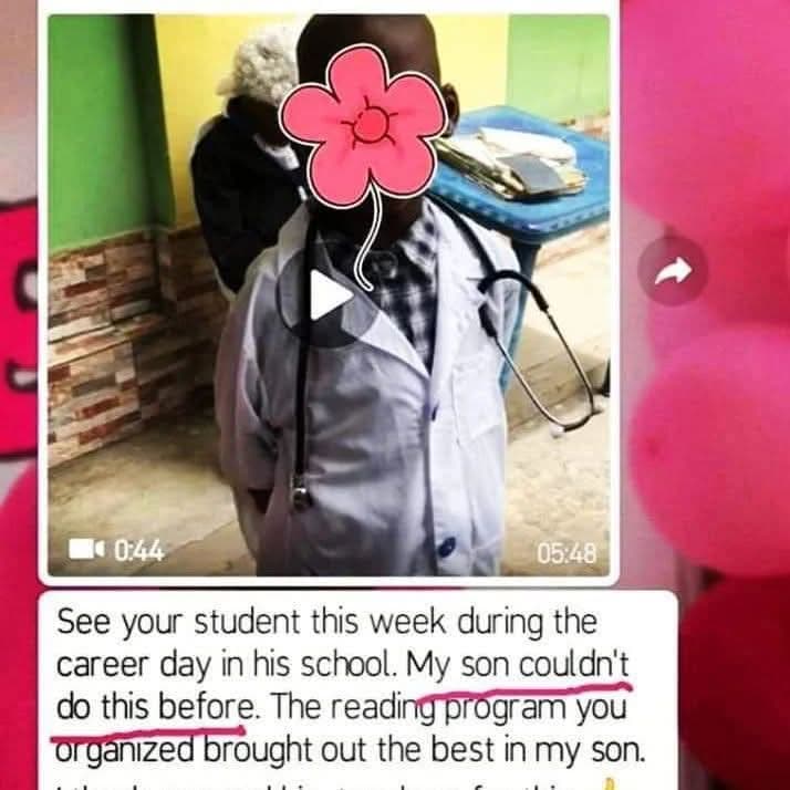 Parent message about a son's career day after the reading programme