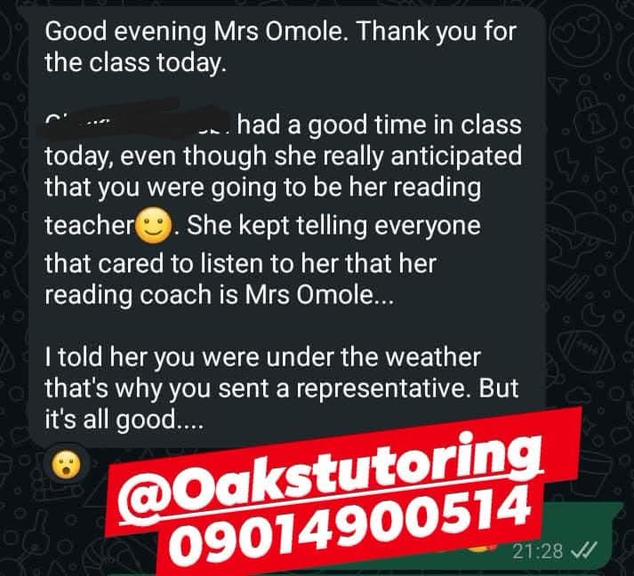 Parent message thanking Mrs Omole after a reading class