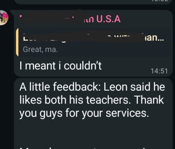 Parent message from the U.S.A. praising both teachers