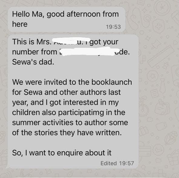 Parent enquiry about summer writing activities