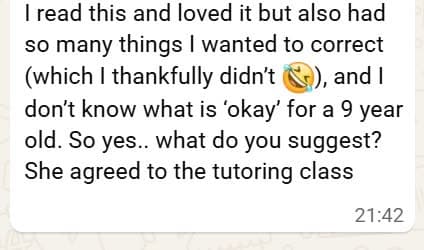 Parent message about a nine year old agreeing to the tutoring class